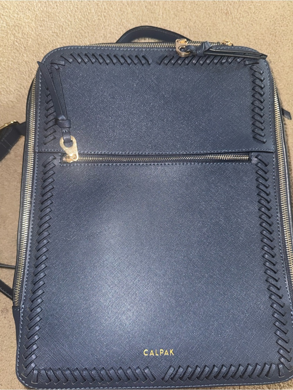 Calpak Navy Backpack with Gold Hardware and Whipstitch Trim